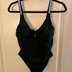 Women’s Black One Piece Bathing Suit Sz Large W/Adjustable Embellished Straps